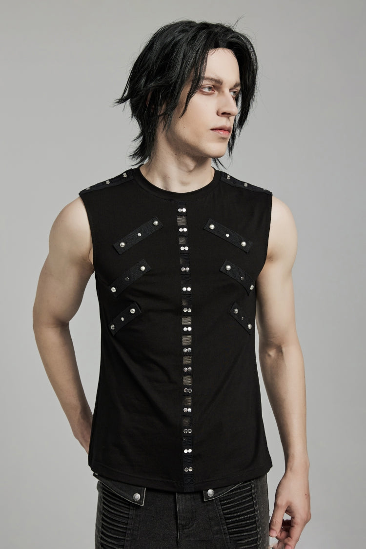 Black Spliced Slim Mesh Eyelet Men's Punk Vest - Black - 1