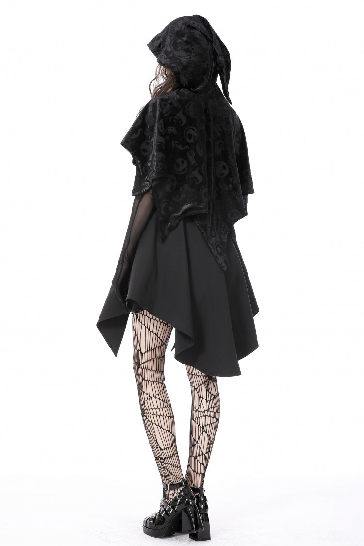 Black Skull Printed Front Lace-Up Women's Gothic Velvet Cape with Hood - Product - 12