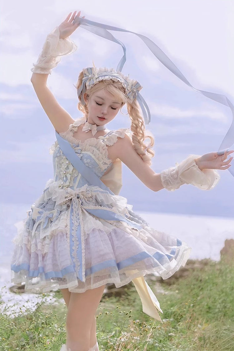 Blue [Moonstone] Sleeveless Ruffle Embroidery Bowknot Lace Fishbone Sweet Princess Lolita Dress - Product - 15