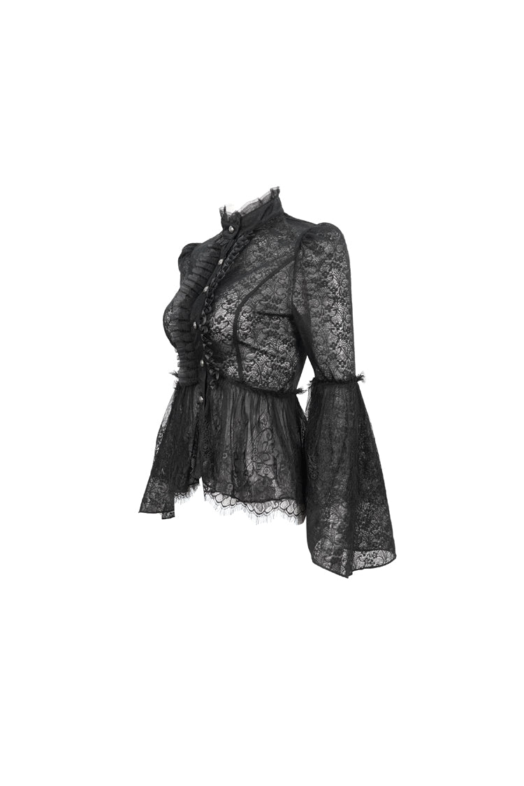 Black Lace Round Collar Flared Sleeved Women's Gothic Shirt - Product - 7