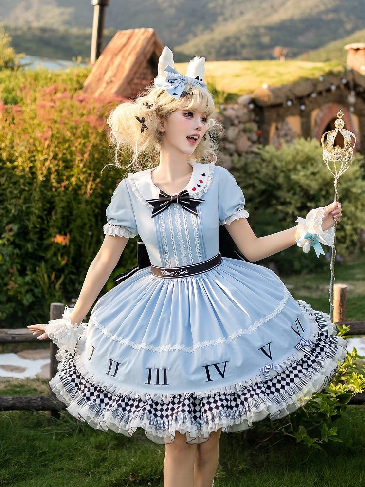 Blue & White Alice in Wonderland Sweet Lolita Dress + Apron detail view 6