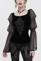 Black Velvet Paneled Chiffon Long Sleeves Chest Applique With Blood Red Diamonds Women's Gothic T-Shirt - Black - 1
