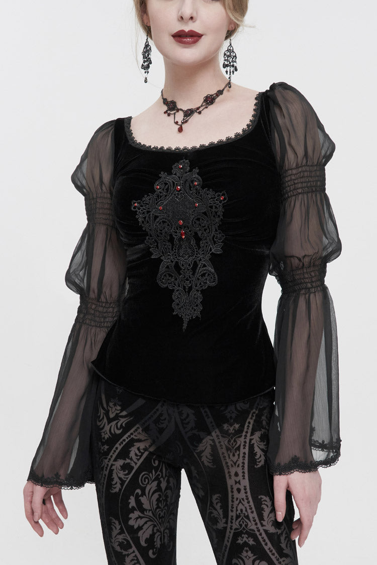 Black Velvet Paneled Chiffon Long Sleeves Chest Applique With Blood Red Diamonds Women's Gothic T-Shirt - Black - 1
