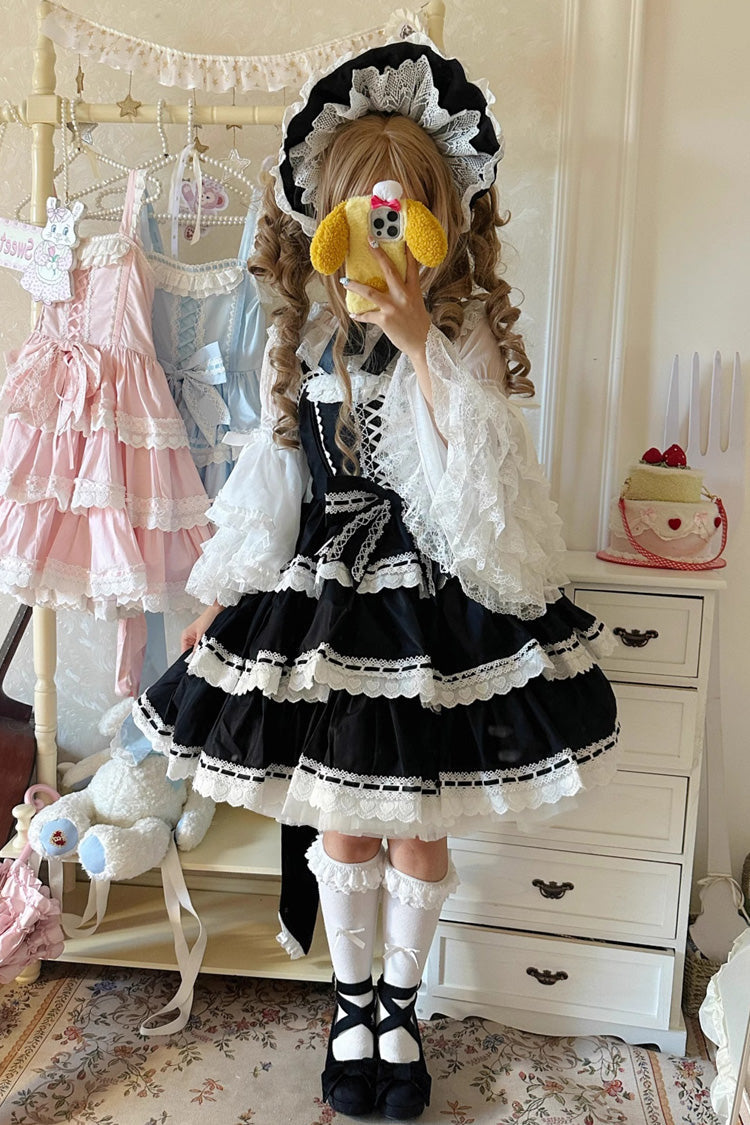 Black [Maiden Heart] Triple-Layered Ruffle Bowknot Lace Sweet Lolita Jsk Dress - Product - 7