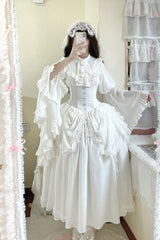 White [Sleepwalking] Long Hime Sleeves Stitching Lace Plus Size Gothic Elegant Lolita Skirt Set - Product - 3