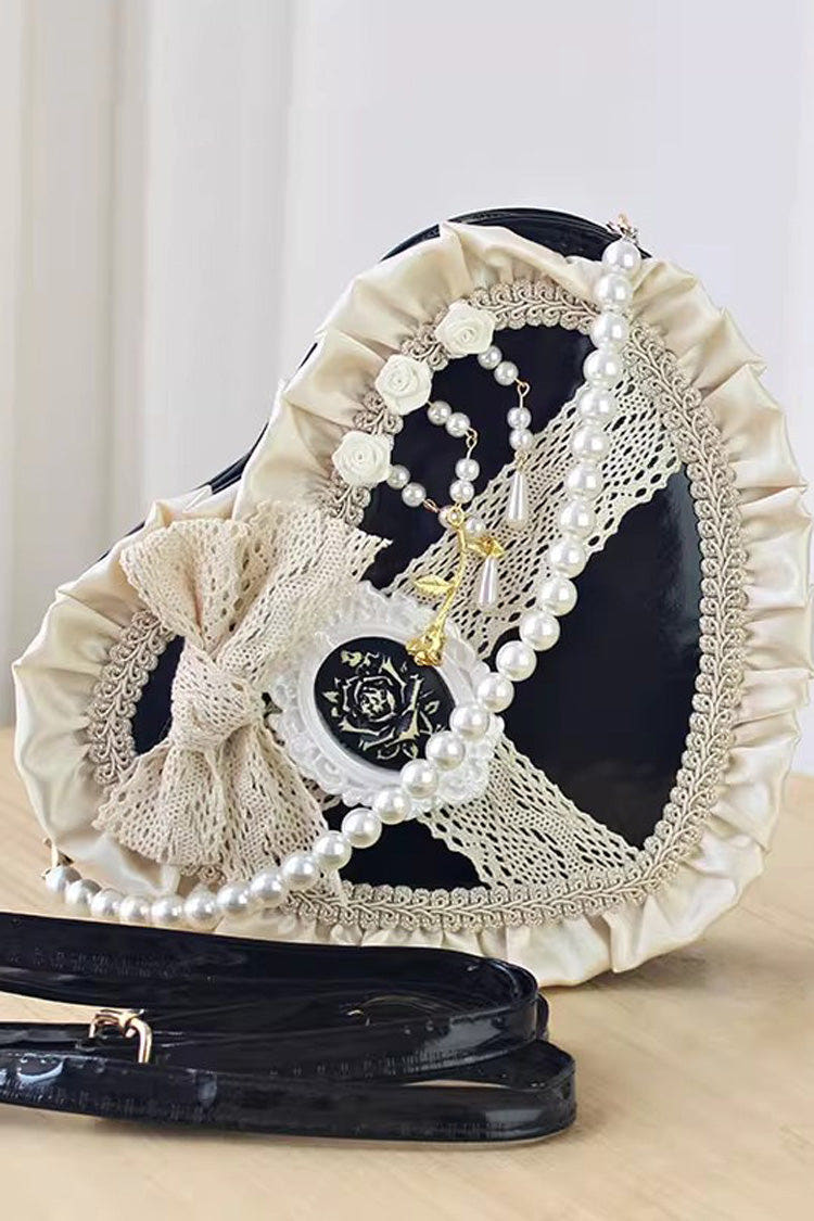 Heart Bowknot Pearl Gothic Vintage Lolita Crossbody Bag 3 Colors - Ivory - 1