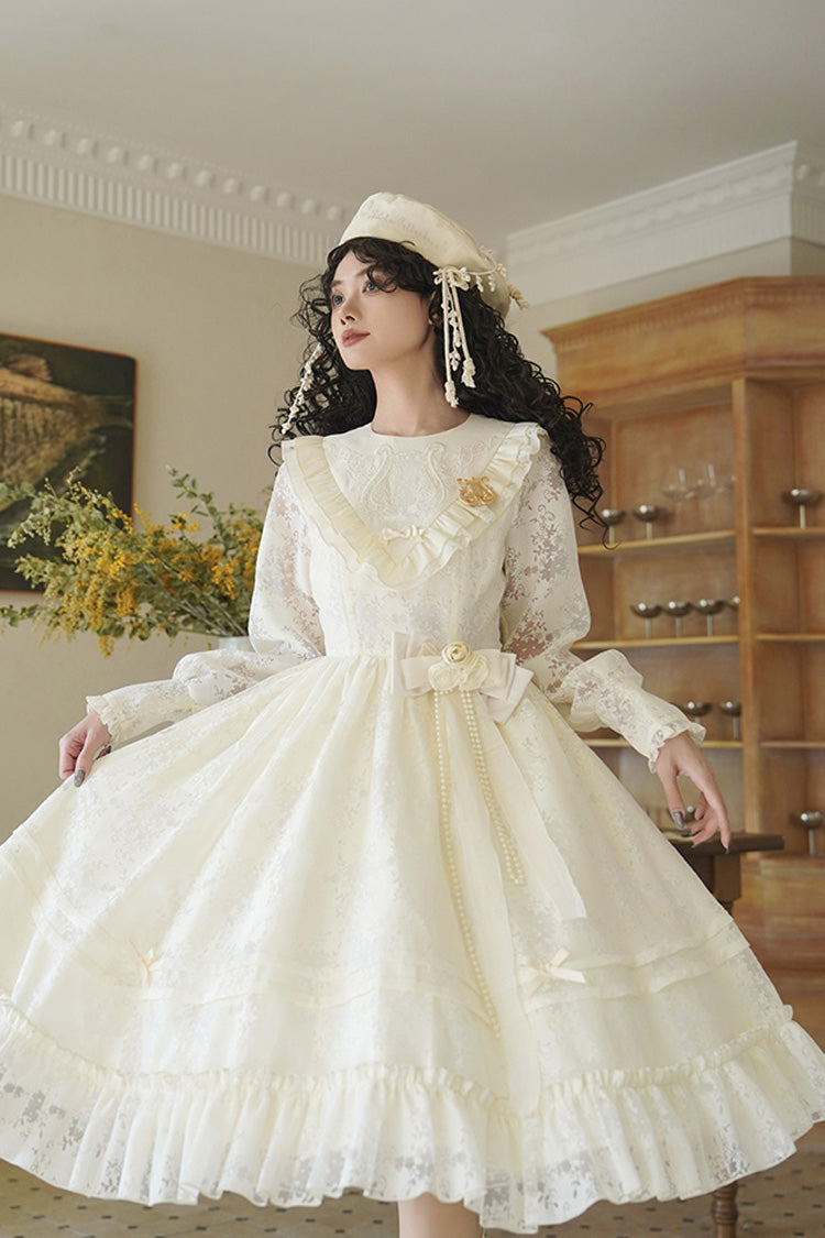 Ivory [Flower Sound] Long Sleeves Ruffle Cardigan Bowknot Lace Sweet Lolita Dress - Product - 6