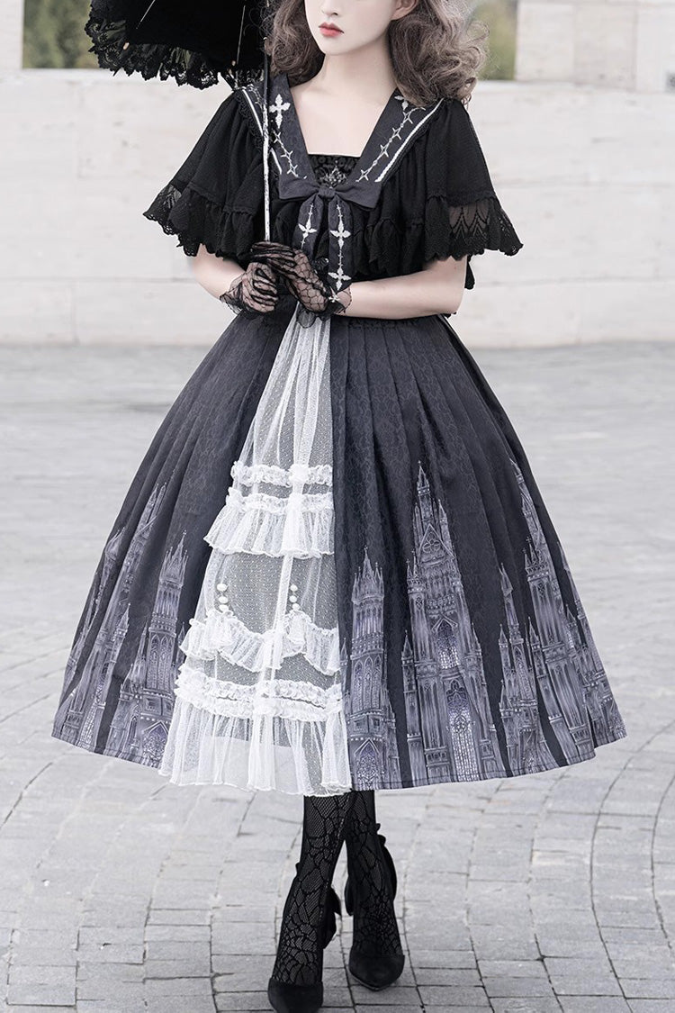 Black Sleeveless Print Lace Gothic Vintage Princess Lolita Jsk Dress - Black - 9
