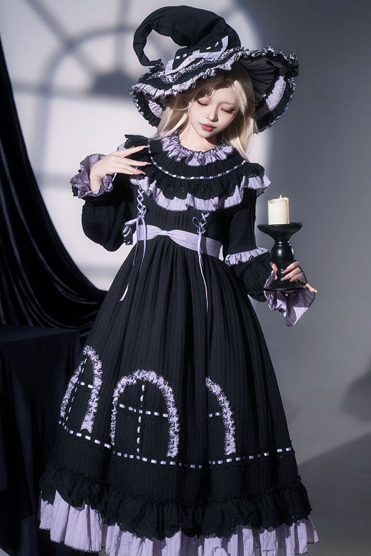 Black [Twin Lilian] Round Collar Long Sleeves Double-Layered Ruffled Bow Lace-Up Gothic Lolita Dress - Product - 2