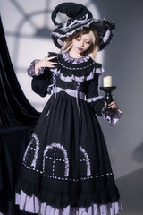 Black [Twin Lilian] Round Collar Long Sleeves Double-Layered Ruffled Bow Lace-Up Gothic Lolita Dress - Product - 2