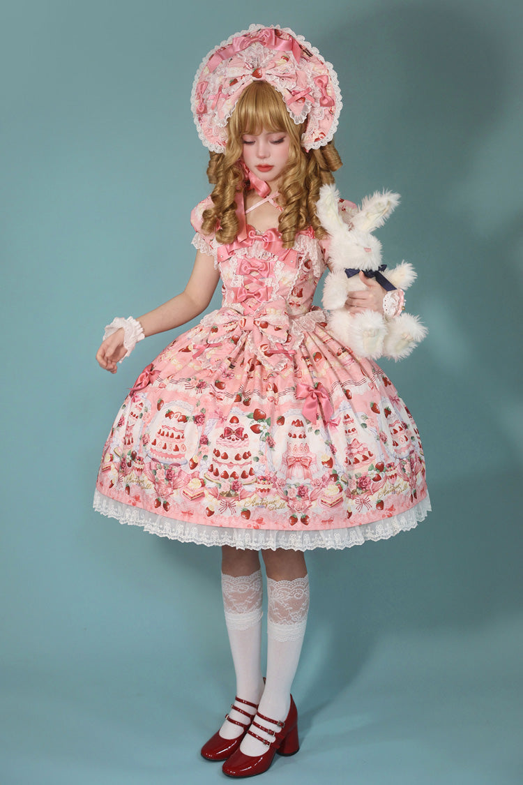 [Strawberry Cake Bouquet] Print Square Collar Short Sleeves Bowknot Lace Sweet Lolita Dress 3 Colors - Product - 7