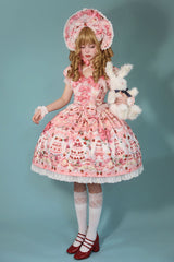 [Strawberry Cake Bouquet] Print Square Collar Short Sleeves Bowknot Lace Sweet Lolita Dress 3 Colors - Product - 7