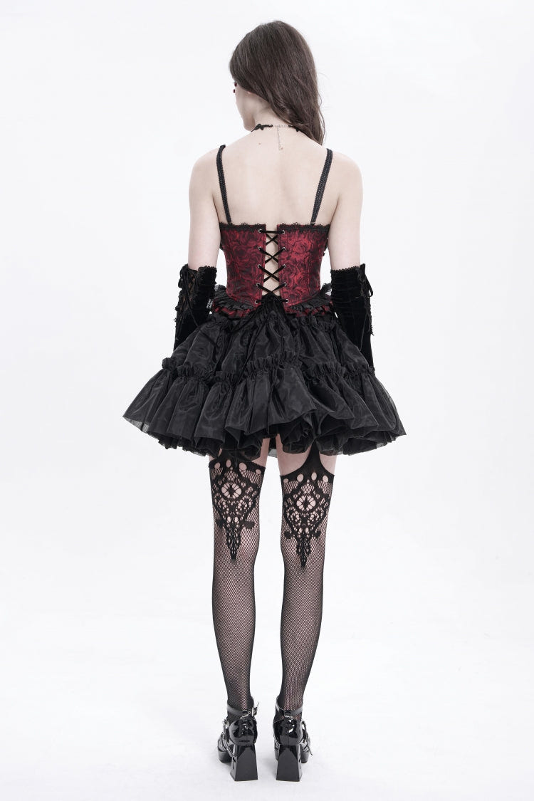 Red Sleeveless Ruffle Embroidery Lace-Up Women's Gothic Tank Top - Product - 14