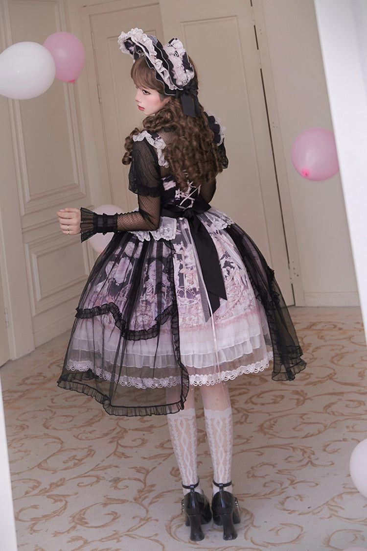Black/Pink [Pegasus Park] Multi-Layered Print Ruffle Bowknot Lace Sweet Gorgeous Lolita Jsk Dress - Product - 4