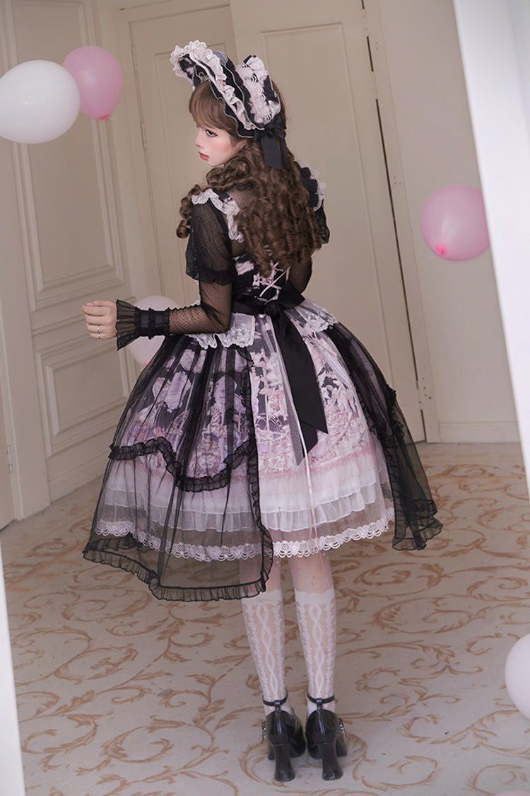 Black/Pink [Pegasus Park] Multi-Layered Print Ruffle Bowknot Lace Sweet Gorgeous Lolita Jsk Dress - Product - 4