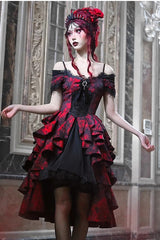 Black/Red Feast in Hades Short Sleeves Print Ruffle Cardigan Gothic Lolita Dress - Product - 7