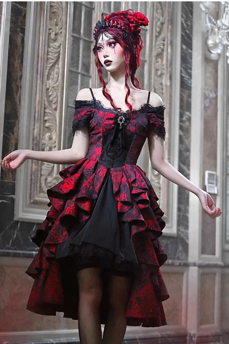 Black/Red Feast in Hades Short Sleeves Print Ruffle Cardigan Gothic Lolita Dress - Product - 7