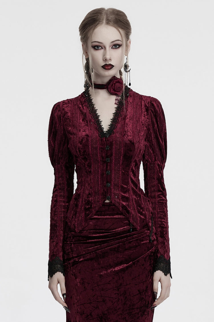 Red V Collar Long Puff Sleeves Women's Gothic Blouse - Red - 1