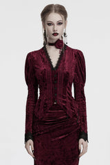 Red V Collar Long Puff Sleeves Women's Gothic Blouse - Red - 1