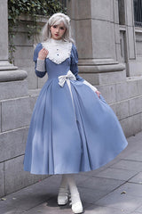 Blue Nun Style Stand Collar Long Sleeves Ruffle Bowknot Classic Elegant Lolita Dress - Blue - 1