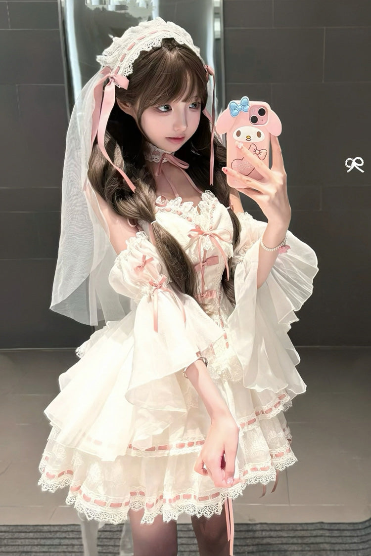White [Little Love Song] Detachable Trumpet Sleeves Ruffle Bowknot Lace Sweet Lolita Top Skirt Set - Product - 3