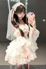 White [Little Love Song] Detachable Trumpet Sleeves Ruffle Bowknot Lace Sweet Lolita Top Skirt Set - Product - 3
