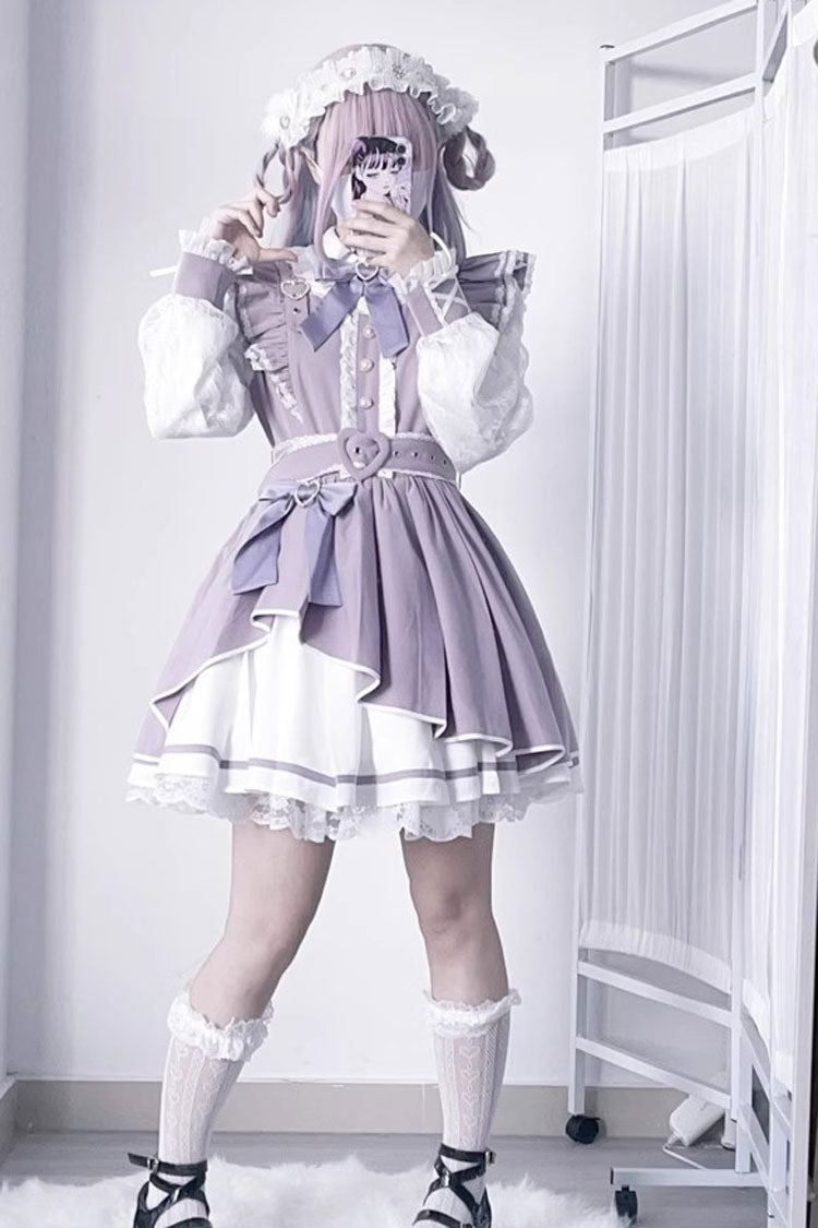 [Little Idol] Ruffle Bowknot Lace Irregular Asymmetric Jirai Kei Dress 6 Colors - Purple/White - 8