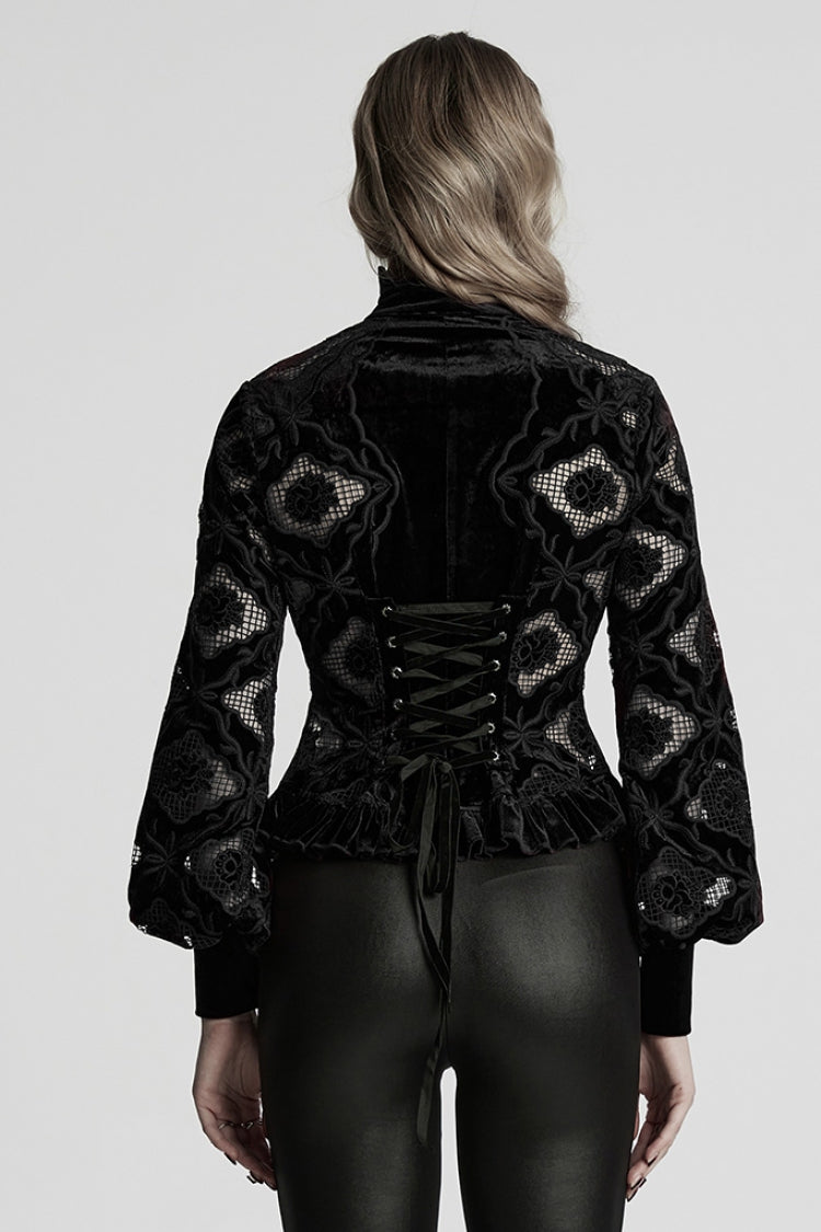 Black Long Sleeves Ruffle Floral Embroidery Women's Gothic Blouse - Product - 3
