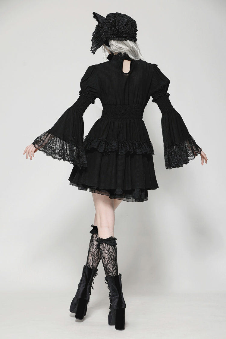 Black Lace Ruffled Stand Collar Long Puff Sleeves Cut-Out Women's Gothic Grad Dress - Product - 4