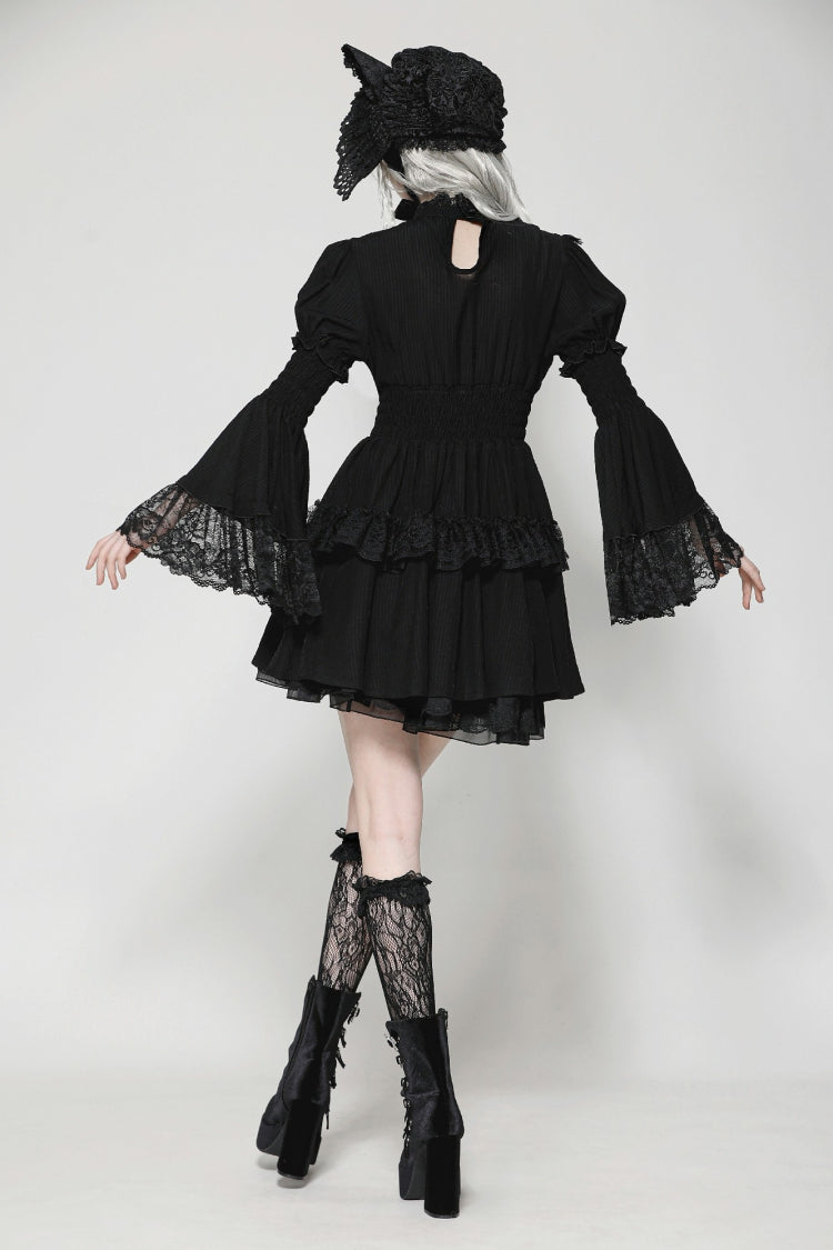 Black Lace Ruffled Stand Collar Long Puff Sleeves Cut-Out Women's Gothic Grad Dress - Product - 4