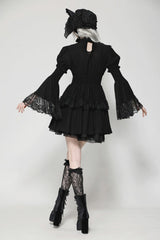 Black Lace Ruffled Stand Collar Long Puff Sleeves Cut-Out Women's Gothic Grad Dress - Product - 4