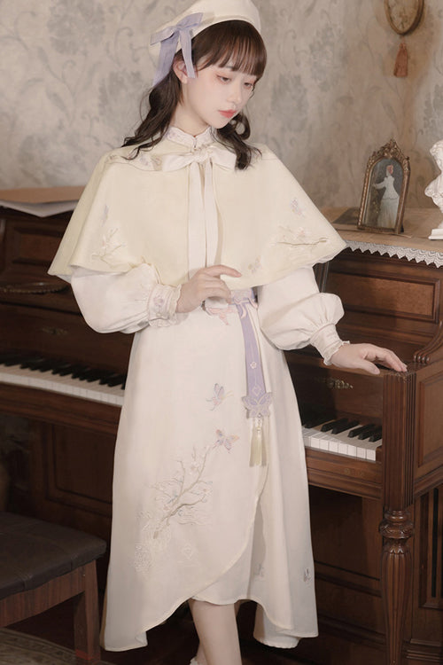 Beige Retro Stand Up Collar Ruffled Lantern Sleeves Butterfly Embroidery Classic Lolita OP Dress Full Set - Product - 4