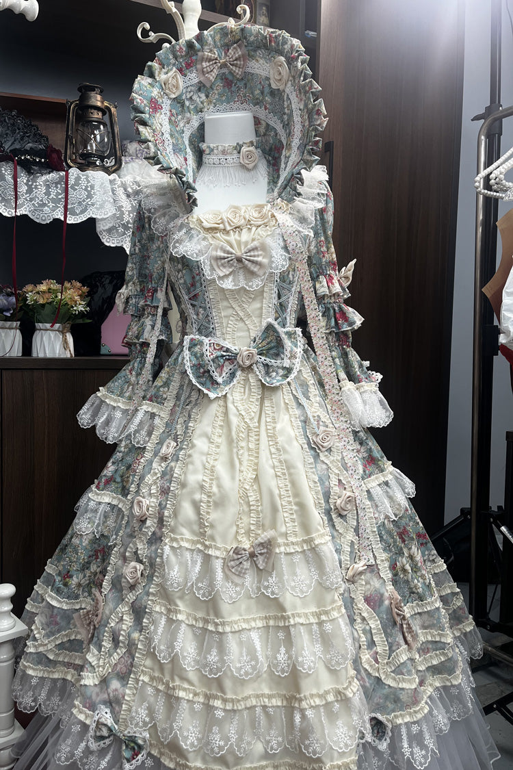 Green/Ivory Print Ruffle Bowknot Lace Classic Vintage Princess Lolita Dress - Green/Ivory - 1