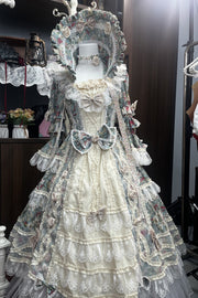 Green/Ivory Print Ruffle Bowknot Lace Classic Vintage Princess Lolita Dress - Green/Ivory - 1