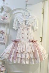 Pink Cotton Sleeveless Triple-Layered Printed Ruffled Bow Sweet Lolita Strap Dress - Product - 3