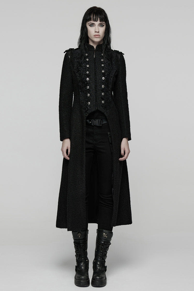 Black Stand Collar Long Sleeves Jacquard Zipper Double-Breasted Women's Punk Coat - Black - 1