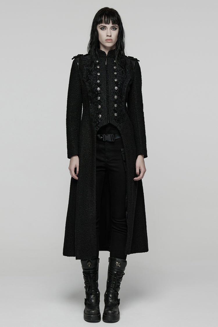 Black Stand Collar Long Sleeves Jacquard Zipper Double-Breasted Women's Punk Coat - Black - 1
