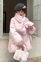 Pink Duck Down Stand Collar Long Sleeves Bowknot Sweet Lolita Coat - Pink - 1