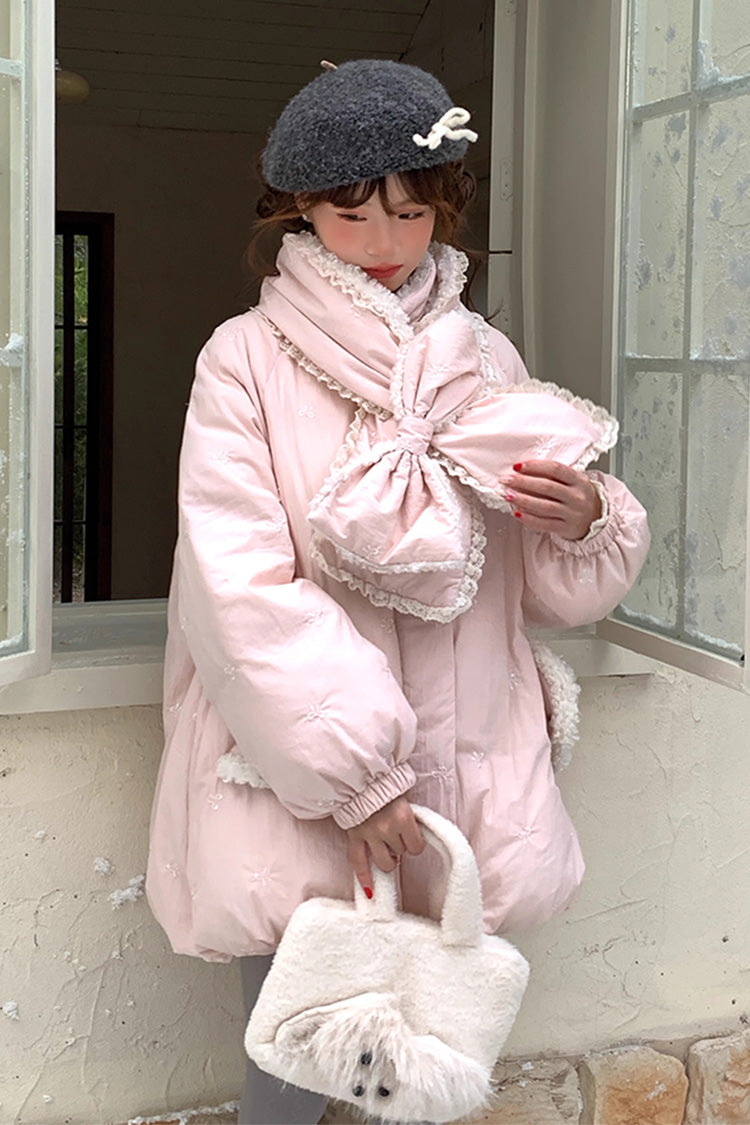 Pink Duck Down Stand Collar Long Sleeves Bowknot Sweet Lolita Coat - Pink - 1