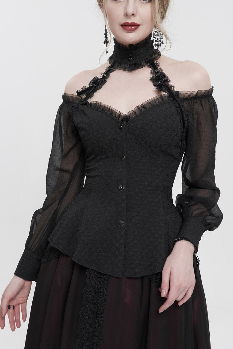 Black Long Sleeve Lace Trim Panel Woven Adjustable Back Women's Gothic T-Shirt - Black - 1