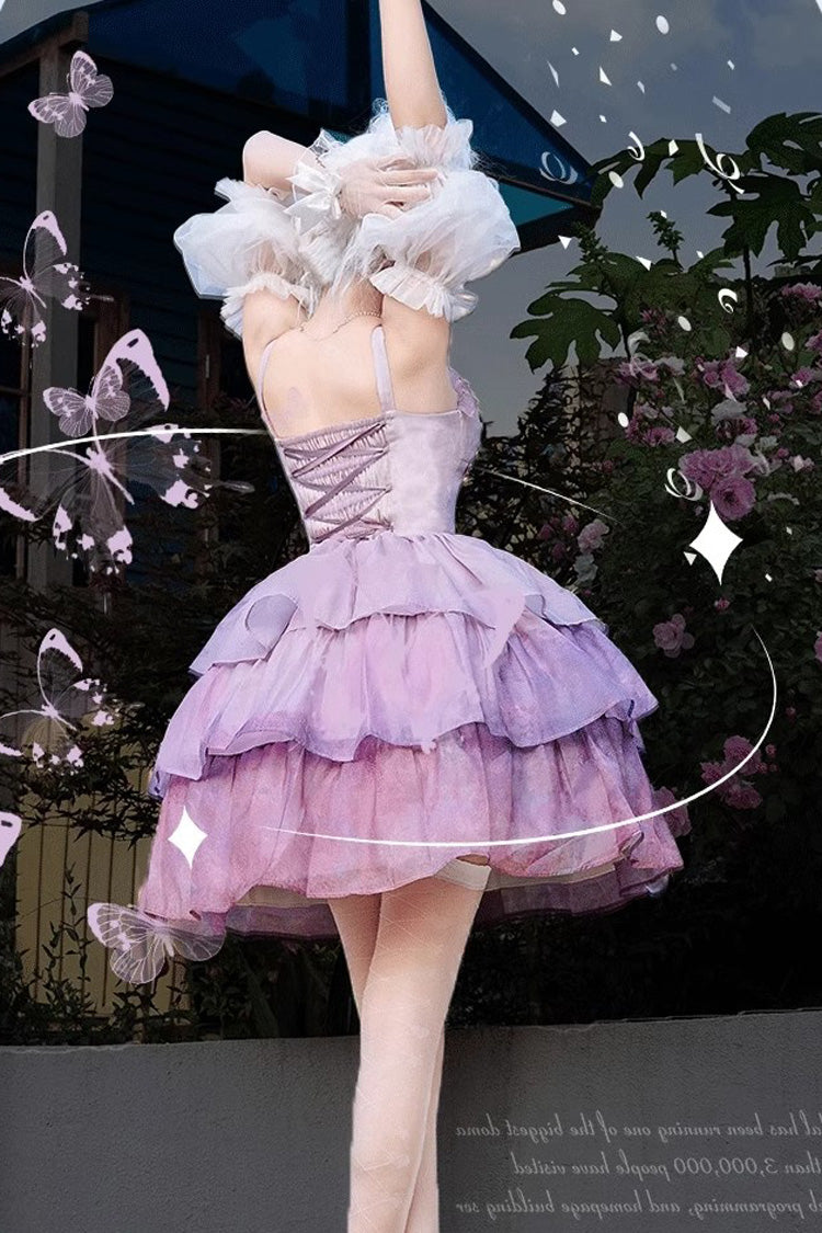 Purple Gradient The Forty-Fourth Sunset Oil Painting Triple-Layered Ruffle Bowknot Sweet Lolita Jsk Dress - Product - 2