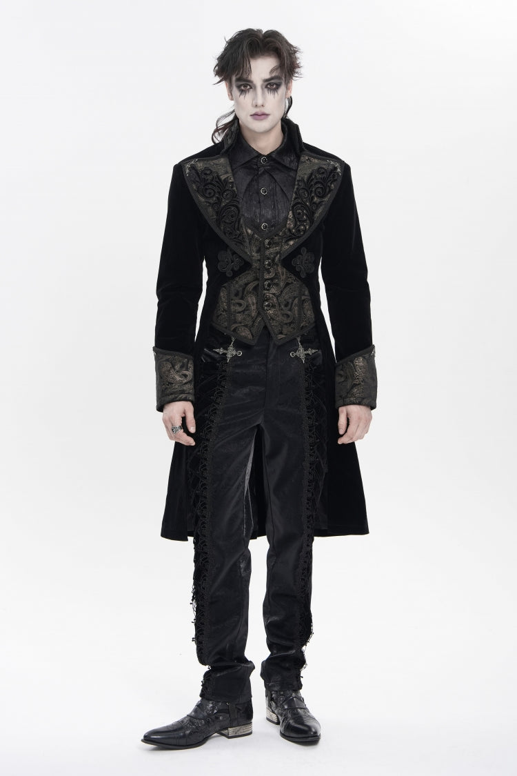 Black Lapel Collar Long Sleeves Jacquard Embroidered Slim Color-Blocked Men's Gothic Jacket - Product - 1