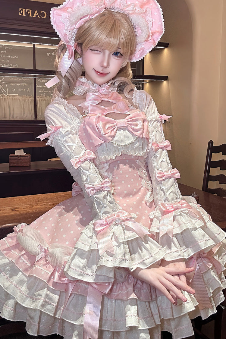 Pink Halterneck Short Sleeves Triple-Layered Polka Dot Printed Bow Lace-Up Sweet Lolita Dress - Product - 6