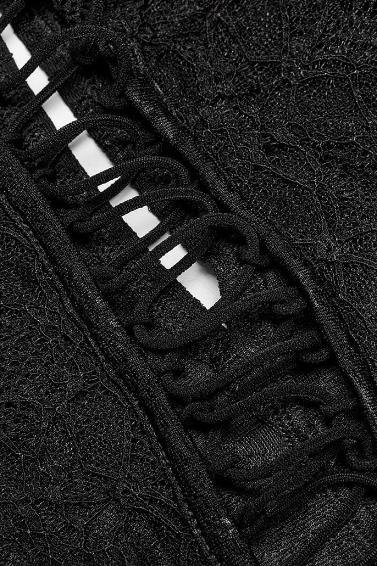 Black Off Shoulder Jacquard Hollow Stitching Lace Womens Gothic T-Shirt - Product - 5