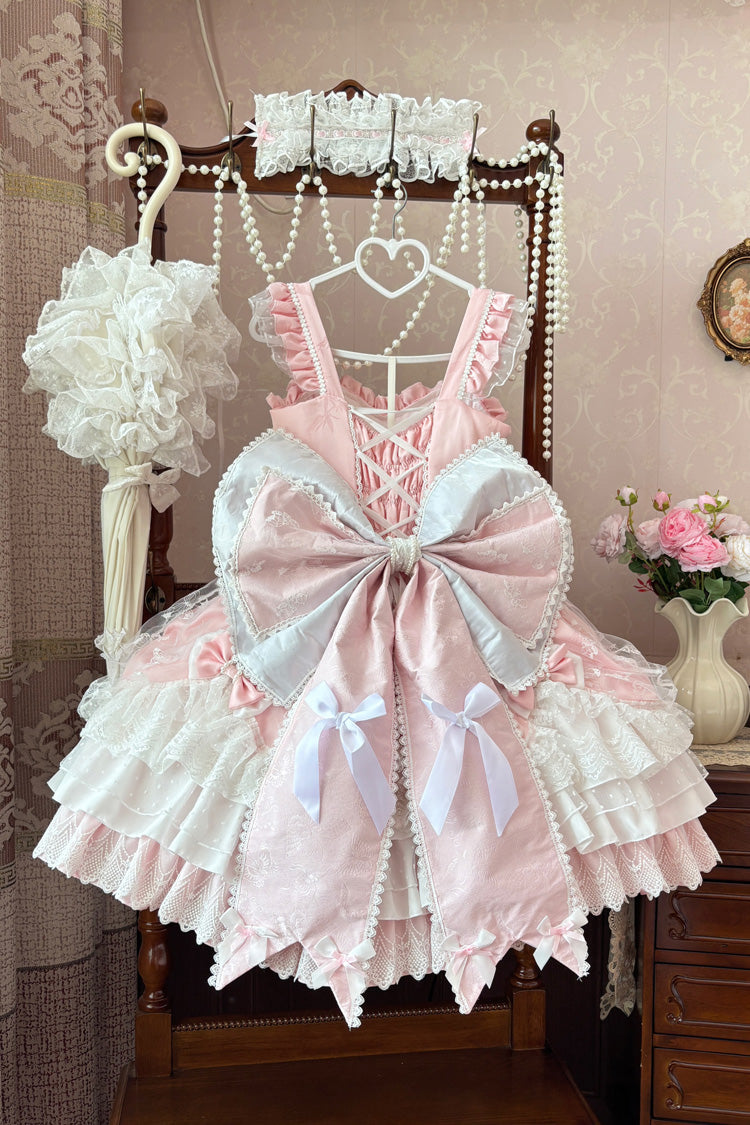 Pink Sleeveless Triple-Layered Ruffle Embroidery Bowknot Lace-Up Pearl Sweet Plus Size Lolita Jsk Dress - Product - 3