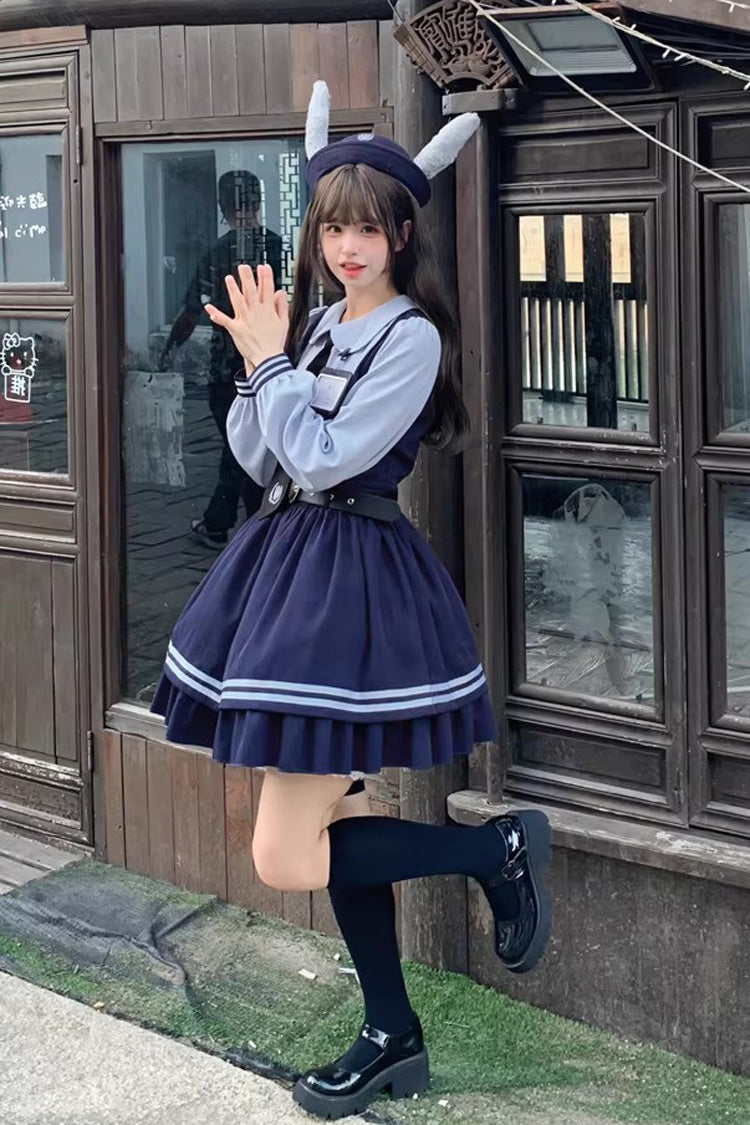 Blue [Rabbit Officer] Long Sleeves Printed Ruffled Faux Two-Piece College Style Sweet Lolita Dress - Product - 8