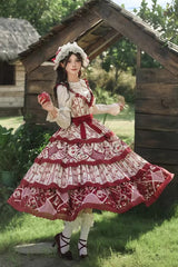 Red Multi-layer Sunflower Print Ruffle Embroidery Sweet Chinese Style Lolita Jsk Dress - Product - 4