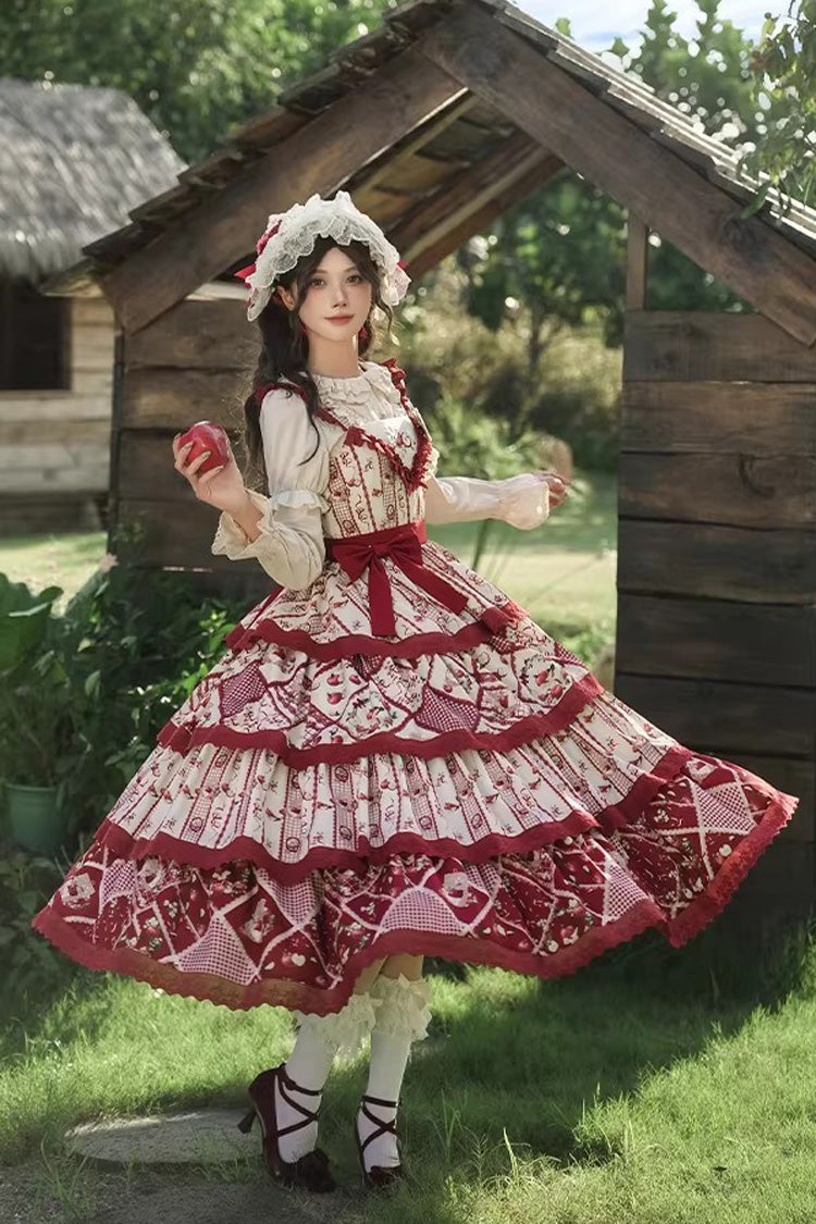 Red Multi-layer Sunflower Print Ruffle Embroidery Sweet Chinese Style Lolita Jsk Dress - Product - 4