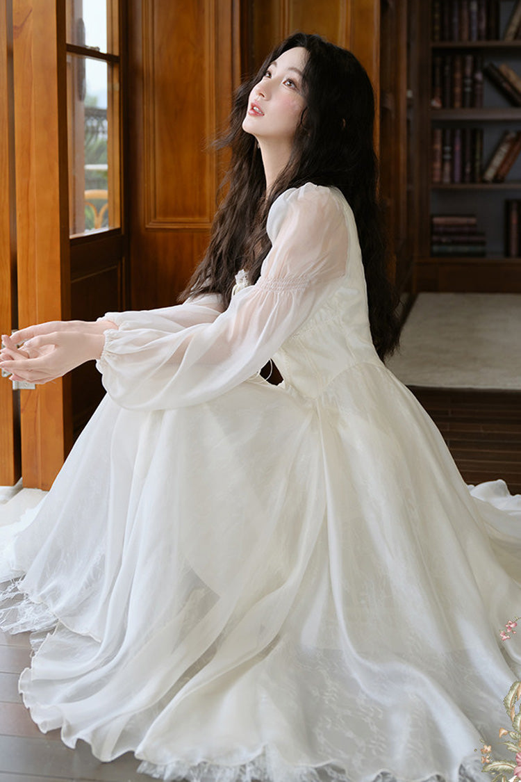Ivory French Style Square Collar Long Sleeves Lace Classic Palace Lolita Dress - Product - 9