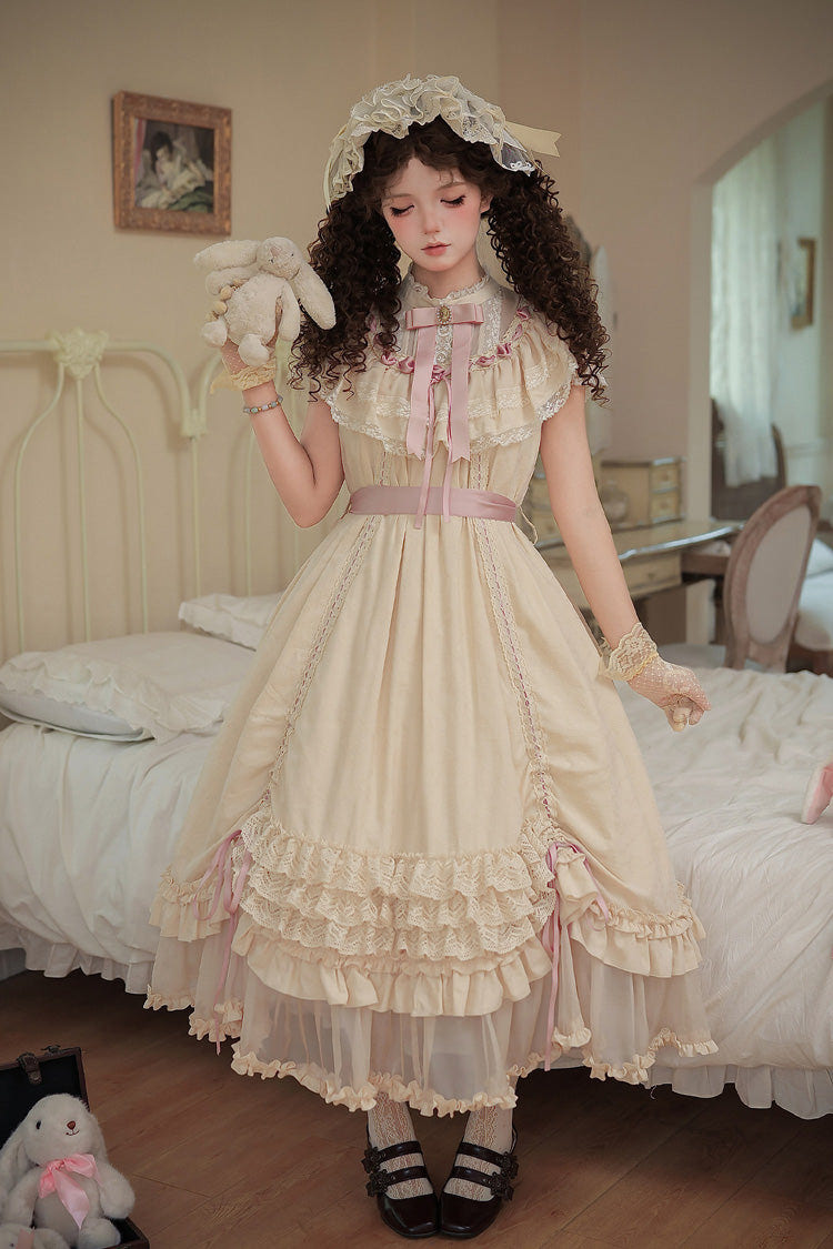 Apricot [Lily's Dream] Stand Collar Short Sleeves Loose-Fit Doll-Like Multi-Layered Ruffled Bow Lace Sweet Lolita Dress 2 Versions - Apricot(Long-Dress-Only) - 15